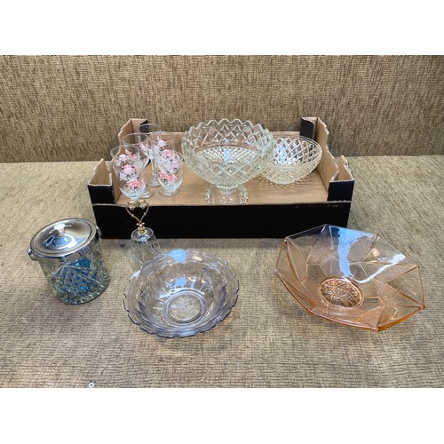 202 - Four glass fruit bowls , set of six wine glasses and a glass biscuit barrel.