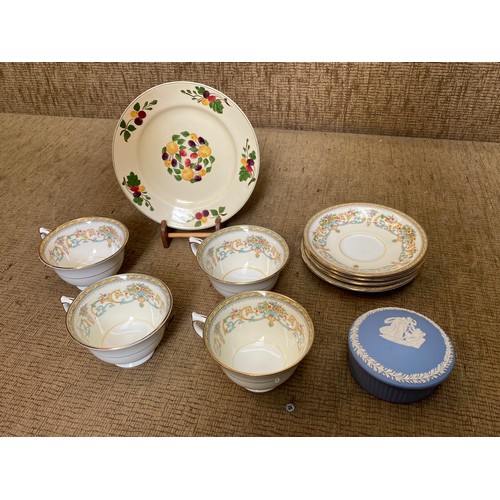 490 - Four Aynsley tea / saucers and hand-painted titian ware plate .