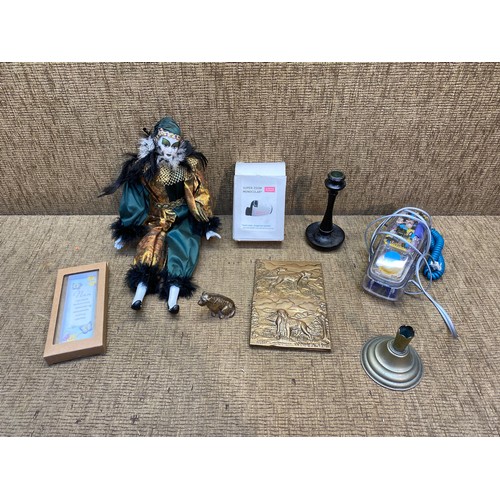 797 - Vintage light up telephone, clown figure and collectibles.