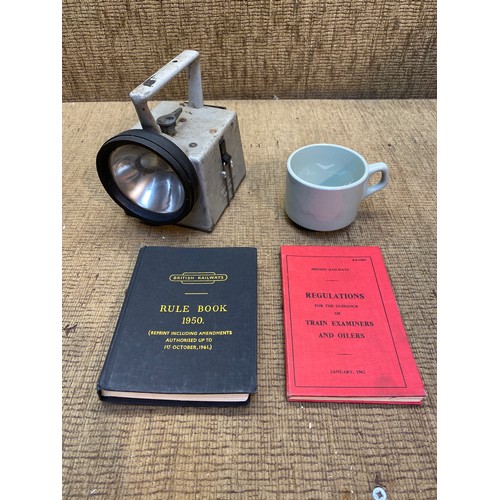 800 - British Rail BARDIC Railwayman's signalling Torch, books and a BR cup.