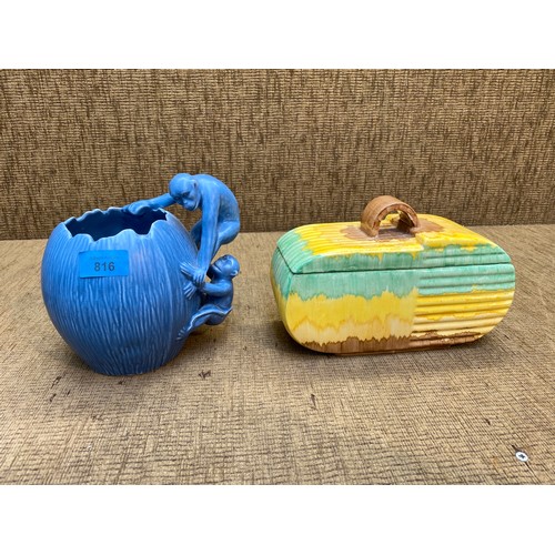 816 - Syvac blue monkey vase and vintage Beswick biscuit vase.