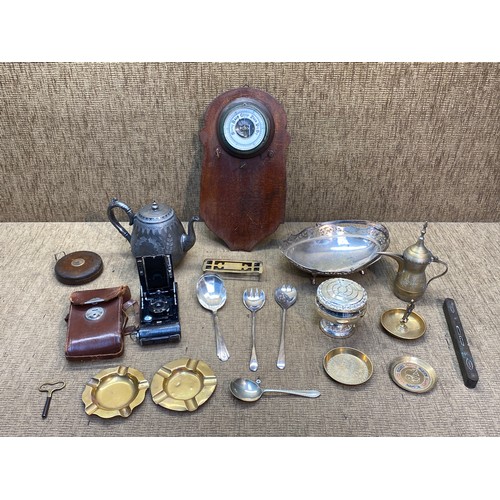 828 - Eclectic selection of antique items including silver plate items , wall mounted barometer , Kodak ca... 