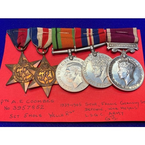 1104 - WW2 Medal group with Long service and good conduct medal George VI  Awarded to 3957852 Pte A E Coomb... 