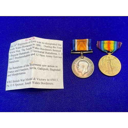 1105 - WW1 British War and Victory Medal awarded to 45813 Pte G S Spencer South Wales Borderers.