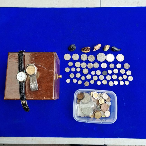 790 - Silver and half silver Coins including George III crown, whimseys, watches and a wooden box.