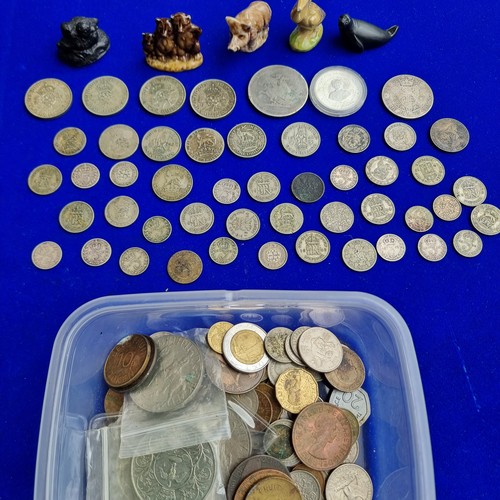 790 - Silver and half silver Coins including George III crown, whimseys, watches and a wooden box.