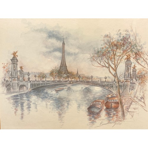 1089 - Signed Pencil sketch of the Eiffel tower signed by  the artist Bunschtu in a gold guilted frame 54cm... 