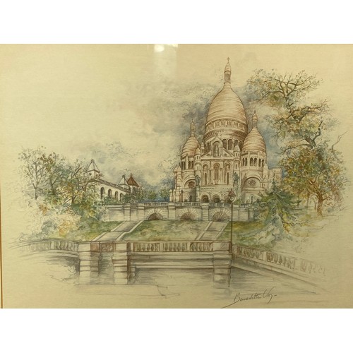 1090 - Pencil sketch of a Paris scene signed Bunschtu in a gold guilted frame 54cm x 46cm.