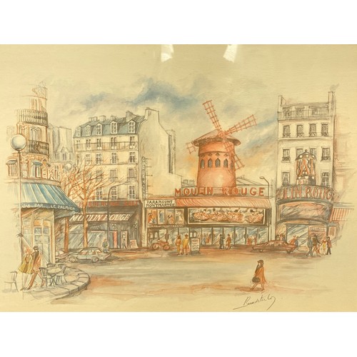 1091 - Signed pencil sketch of the Moulin Rouge by Bunschtu in gold guilted frame 54cm x 46cm.