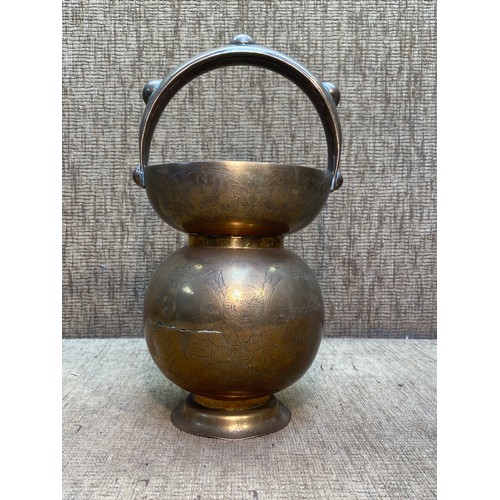 1121 - Antique Indian Engraved brass Kamandalu holy water carrier.