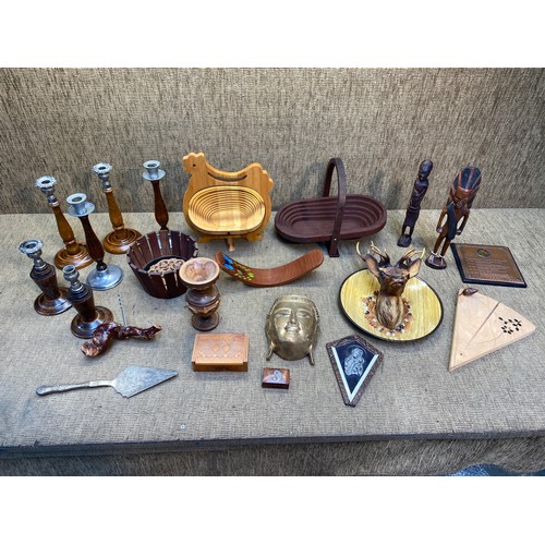 867A - Vintage Treen items including collapsible fruit bowls, Candlesticks and a mounted deer head.