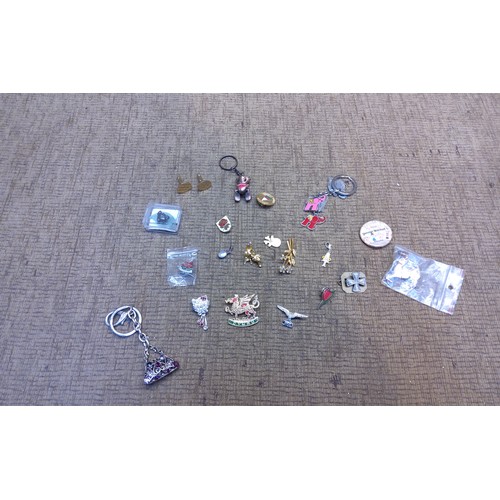 879 - Selection of vintage badges and keyrings.