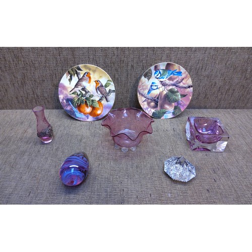 882 - Glass and Cranberry glass items including a large Caithness paperweight.