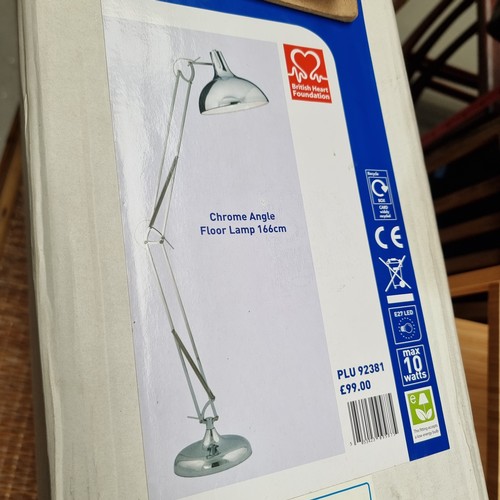 616 - Retail boxed chrome angle floor lamp 166cm tall.