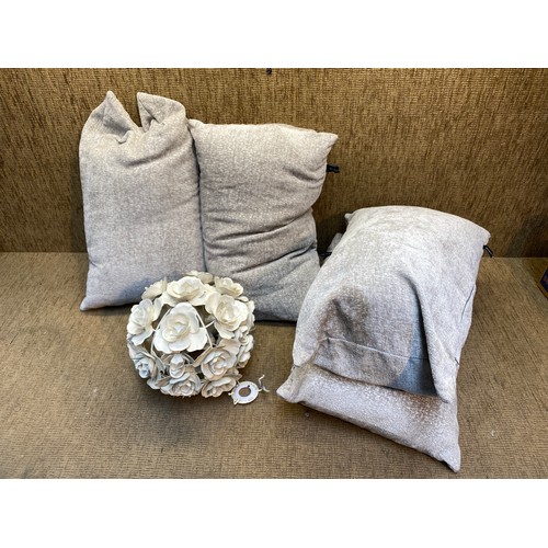 631 - Four home.com cushions and a metal floral lamp shade.