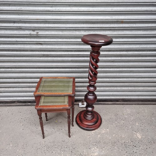 689 - Tall standing hard wood barley twist plant stand an two tables.