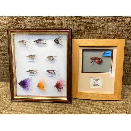 1269 - Framed fly fishing lures, and a 