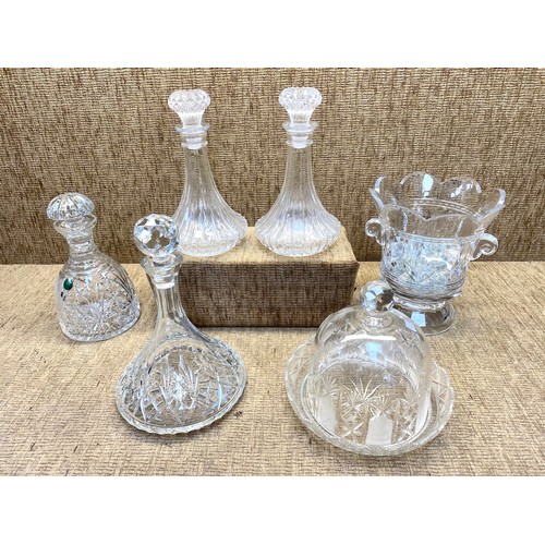 1768 - Four Led crystal decanters, a crystal cheese dish and a glass ice bucket with glass ice cubes.