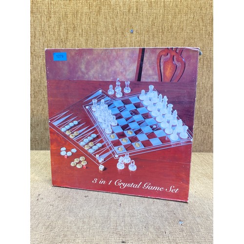 1279 - 3 in 1 Crystal game set including Chess Backgammon and Draughts.