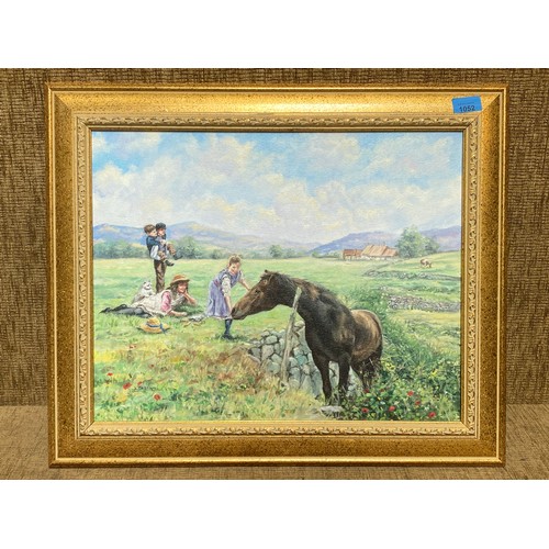 1052 - An original oil on canvass titled 'Feeding the Horses' by David Stribbling . With signed authenticit... 