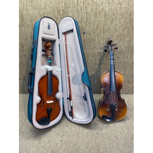 1092 - Antoni cased Violin with bow and Antonius Stradivarius Violin for restoration.