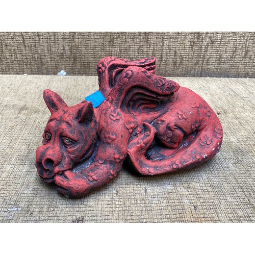 1117 - Red Welsh dragon concrete garden statue 25cm long.