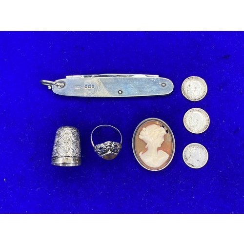 859 - Silver items including a cameo brooch and a pen knife hallmarked Birmingham.