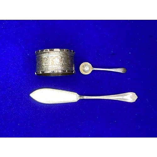 865 - Hallmarked Silver Napkin ring, Fish knife and condiment spoon.