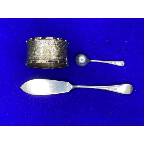 865 - Hallmarked Silver Napkin ring, Fish knife and condiment spoon.