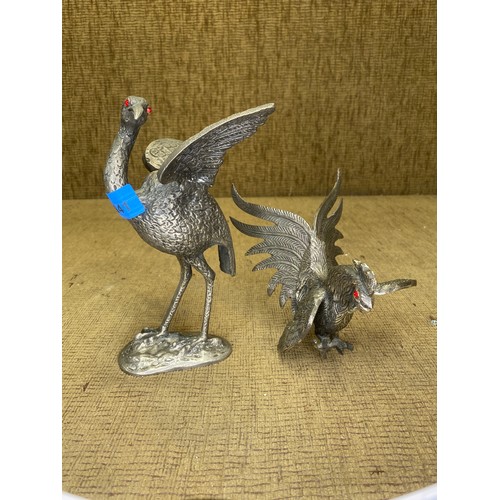 1141 - Two Pewter bird figures with Red Jewel eyes.