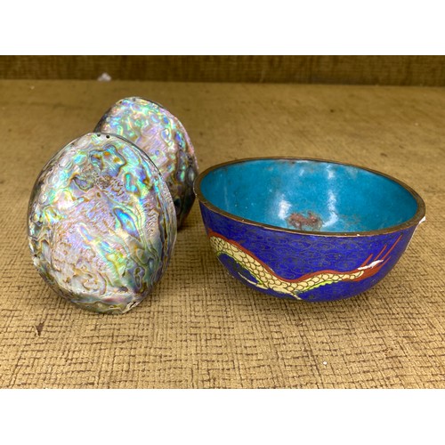 743 - Pair of New Zealand shell salt and pepper shakers and Chinese cloisonne dragon bowl.