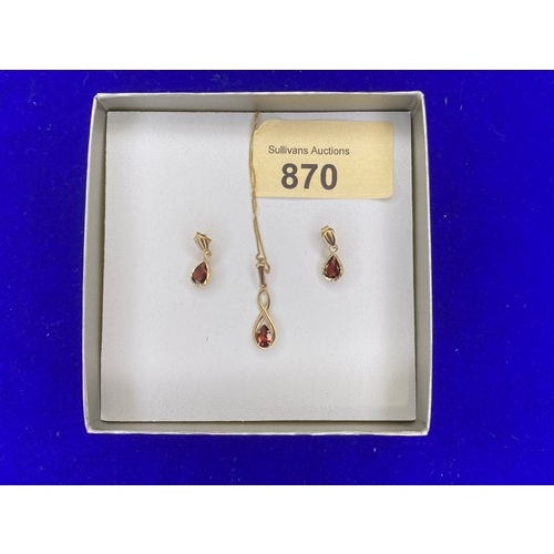 870 - 9ct gold tear drop pendant necklace and earrings 1.3 grams total.