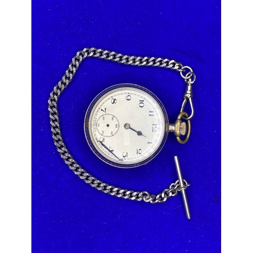 875 - White metal Pocket watch and T-bar pocket watch chain.