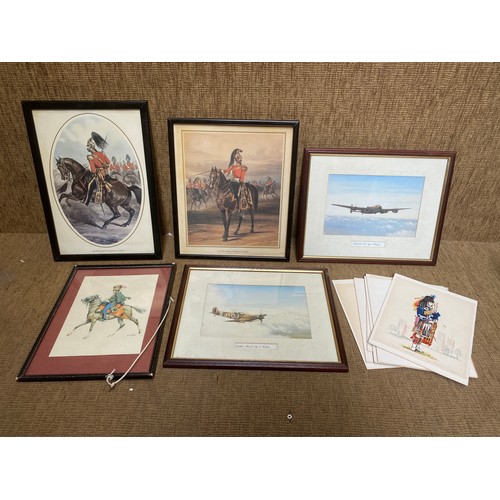 1155 - Collection of Military prints and watercolours including Spitfire and Dragoon Guards.