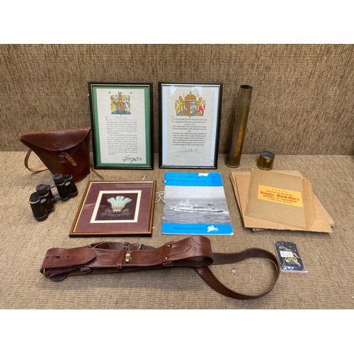 1156 - Military items including a Sam Browne, Royal Hussars framed blazer badge, WW2 Binoculars , Falklands... 