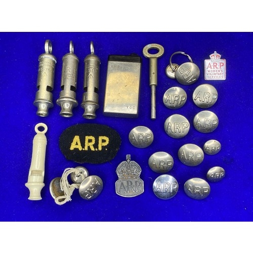 1159 - WW2 Air raid precautions (ARP) Items, four whistles, silver button badge and women's badge, key, rar... 