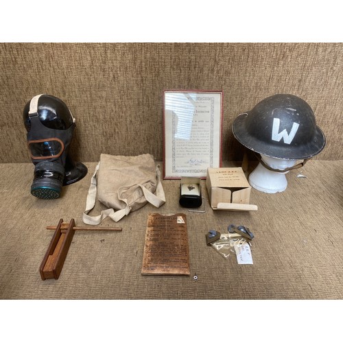 1161 - WW2 Air raid precautions (ARP) Items, helmet, mask, gas goggles , lamp, rattle stamped 1945, gas mas... 