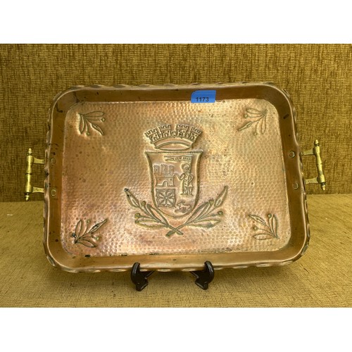 1173 - Antique copper and brass beaten tray with inscription.