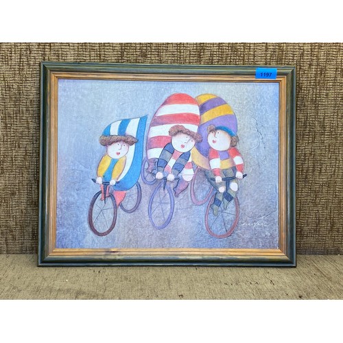 1197 - Oil on canvas painting of Children on bikes 47cm x 37cm signed J. Roybal.