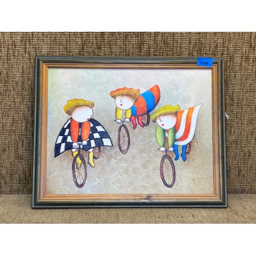 1198 - Oil on canvas painting of Children on bikes 47cm x 37cm signed J. Roybal.