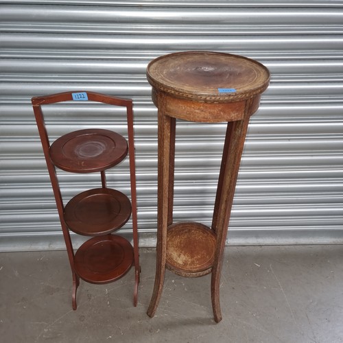 1222 - Edwardian walnut inlaid plant stand and mahogany 3 tier cake stand.