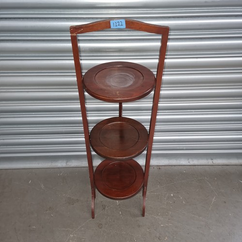 1222 - Edwardian walnut inlaid plant stand and mahogany 3 tier cake stand.