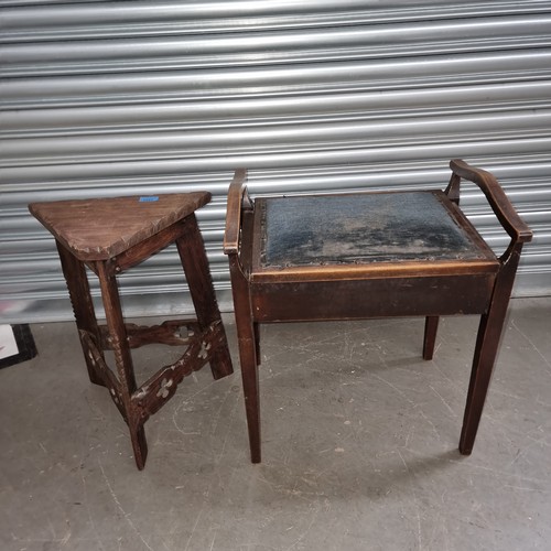 1231 - Vintage upholstered piano stool and a triangle console table.