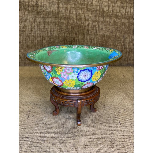 1246 - Chinese cloisonné bowl on a wooden stand.