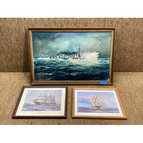 1252 - oil on canvas painting of a ship in stormy seas signed Balfour and two nautical framed prints.