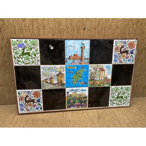 1236A - Interesting 1950s Large wood framed picture made of ceramic tiles from the Rhodes Island in Greece 7... 