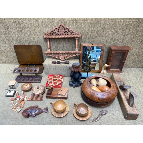 588 - Quantity of Treen items including fruit bowl and wooden fruit and a key cabinet.