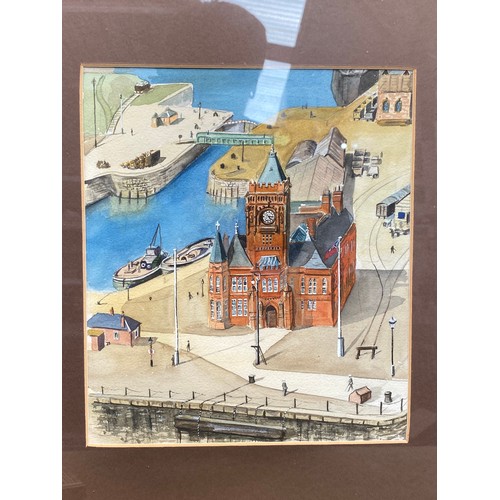 1370 - Framed water colour of Cardiff bay 53cm x 42cm.