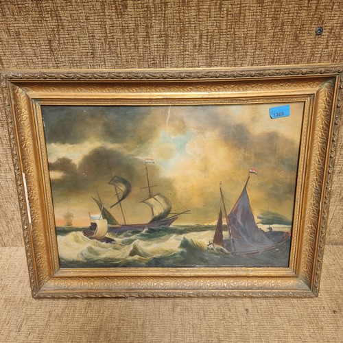 1369 - Framed oil on board painting of Dutch boats and a Galleon in a gale, in the early style of the Dutch... 