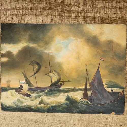 1369 - Framed oil on board painting of Dutch boats and a Galleon in a gale, in the early style of the Dutch... 